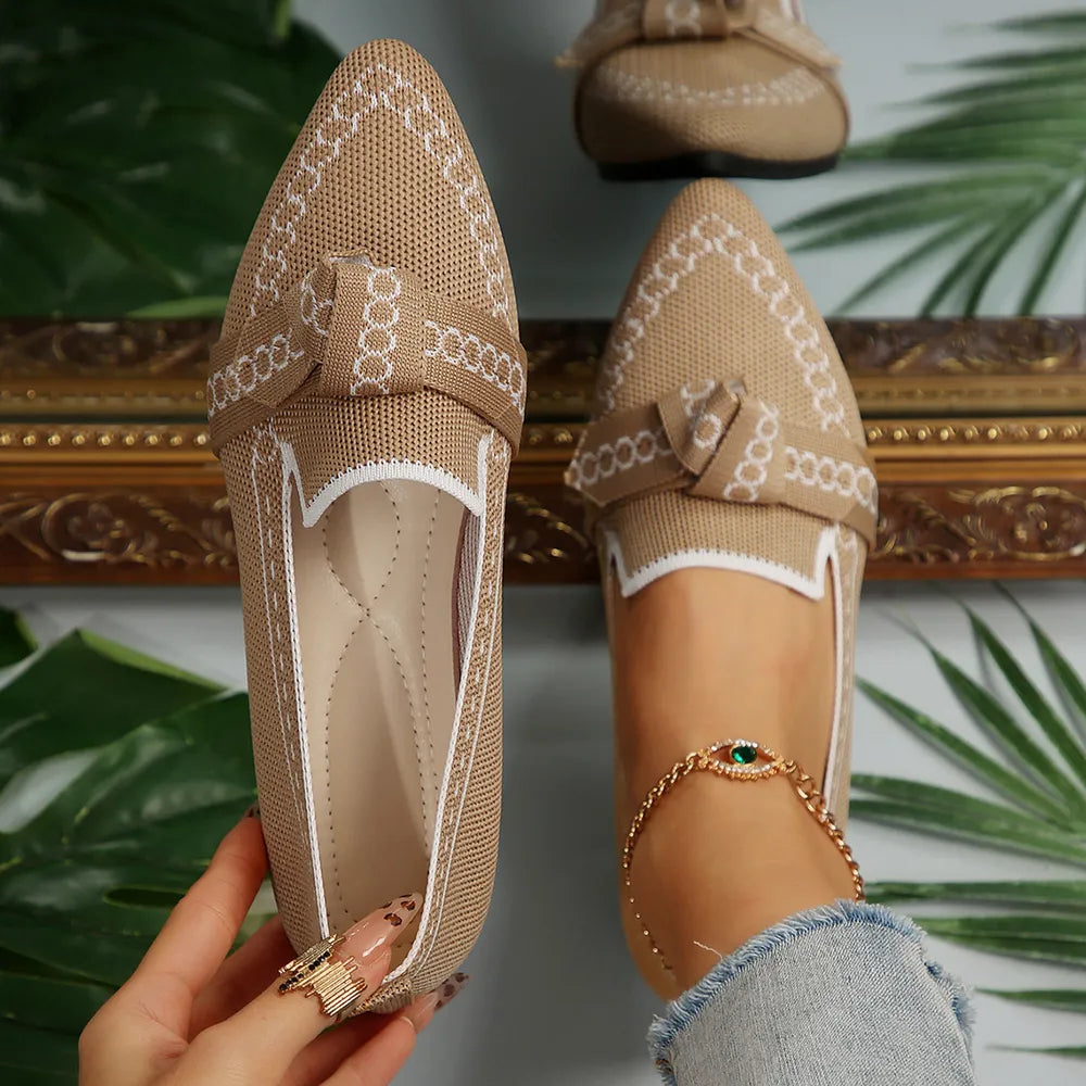 knitted Slip-On Flats with Bow in Khaki