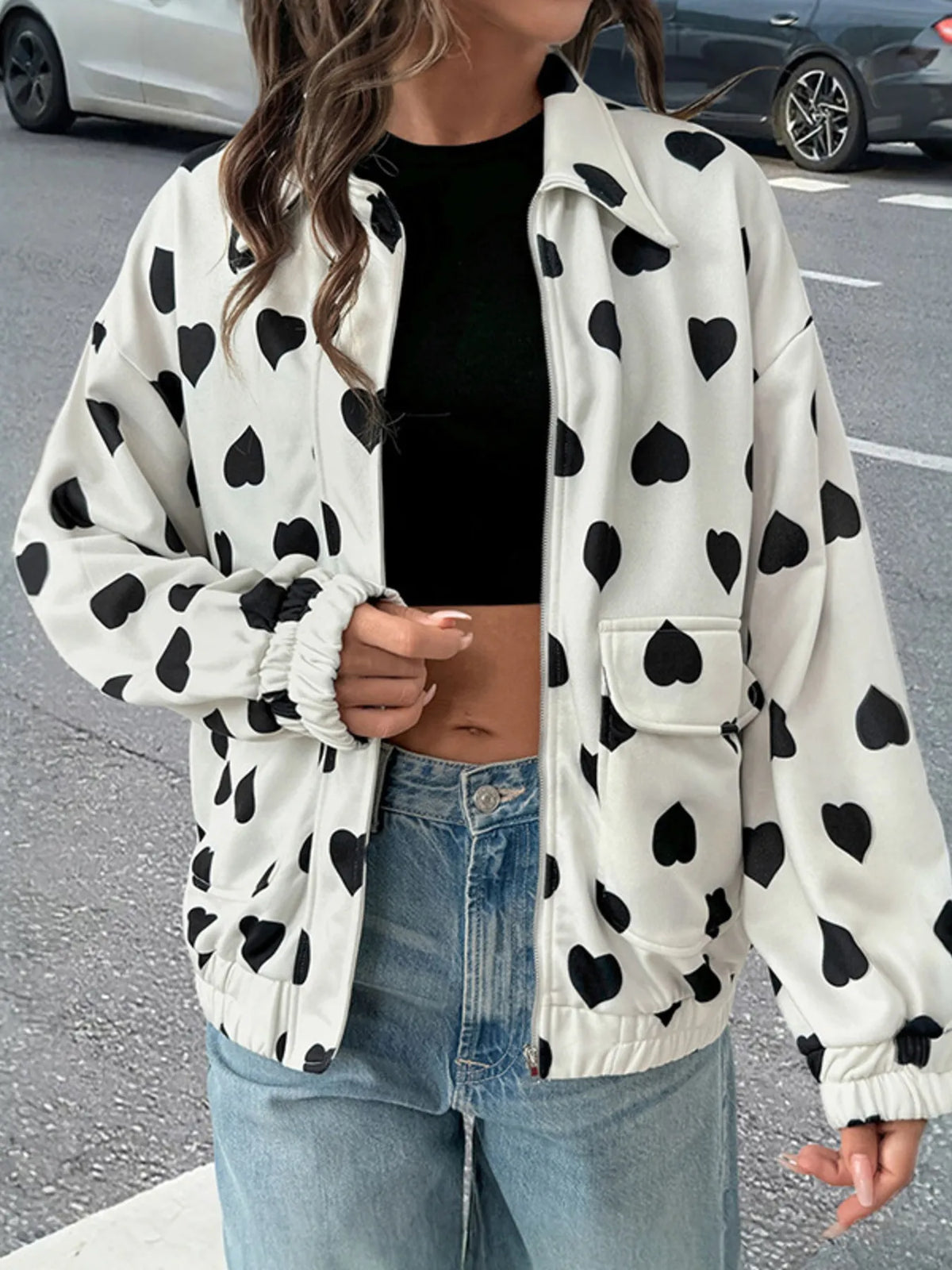 Heart Print Zip Up Jacket in White