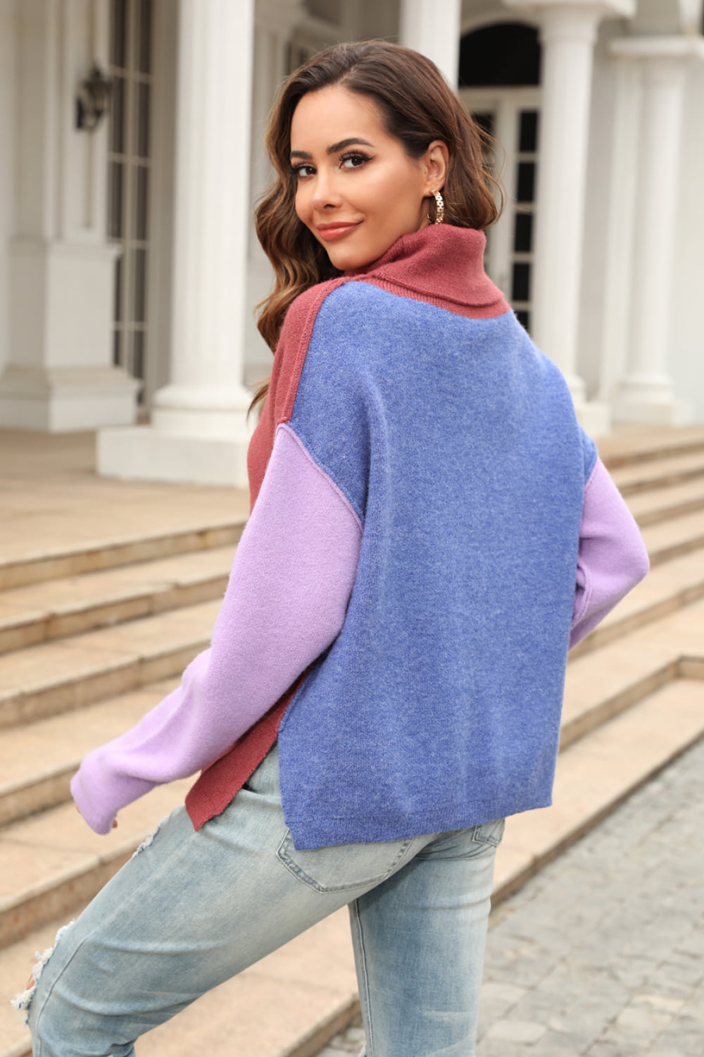 Angel Wings Color Block Turtleneck Slit Sweater, view 13