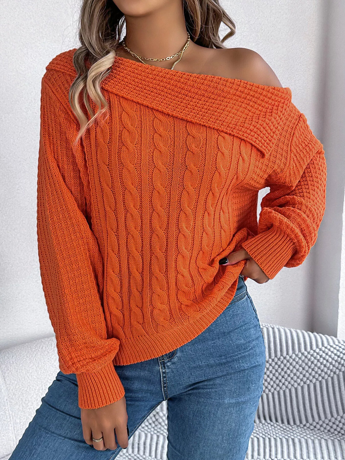 One Shoulder Cable Knit Sweater - Lilixa.store