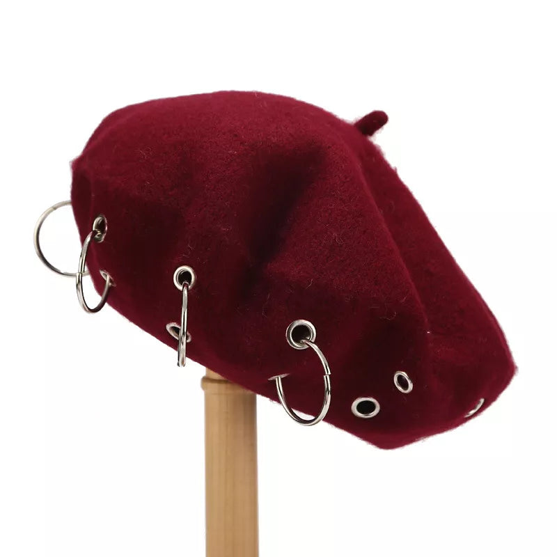 Metal Ring Embellished Beret Hat - Lilixa.store