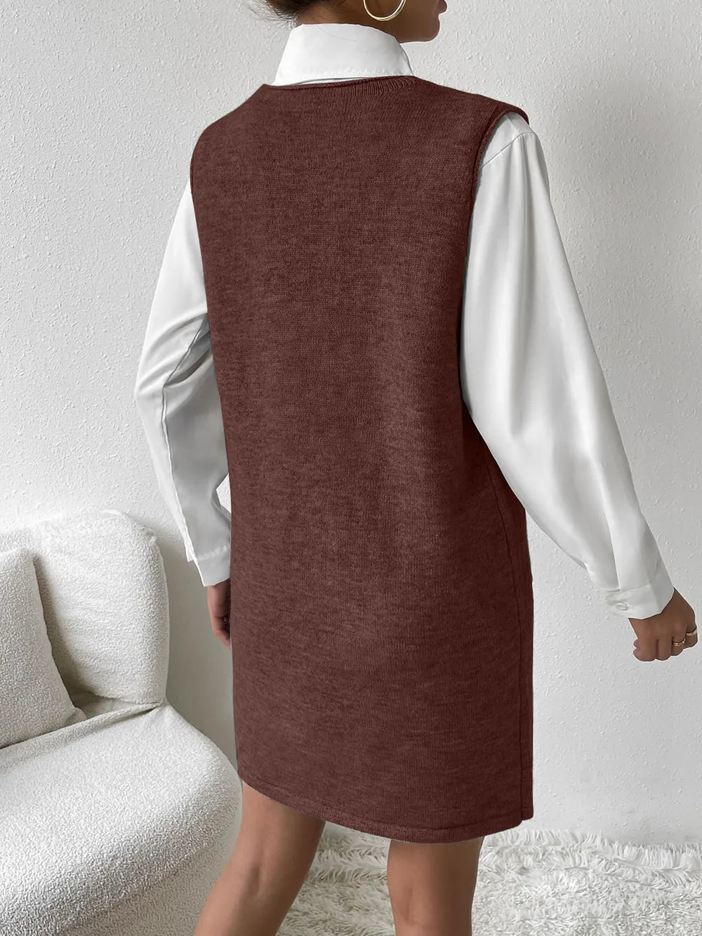 V-Neck Sleeveless Sweater Dress with Pockets, view 6