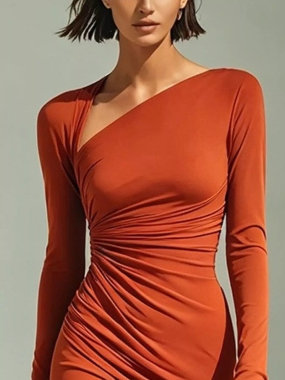 Asymmetrical Neck Ruched Long-Sleeve Dress
