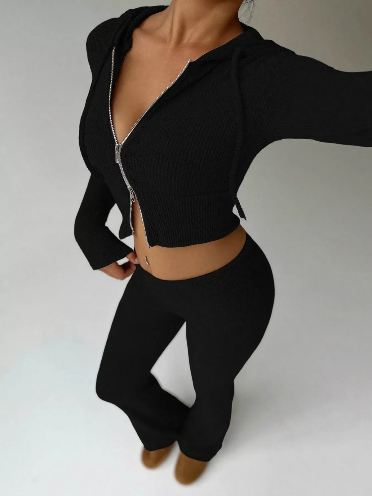 Ribbed Knit Zip-Up Hooded Top and Flared Pants Set