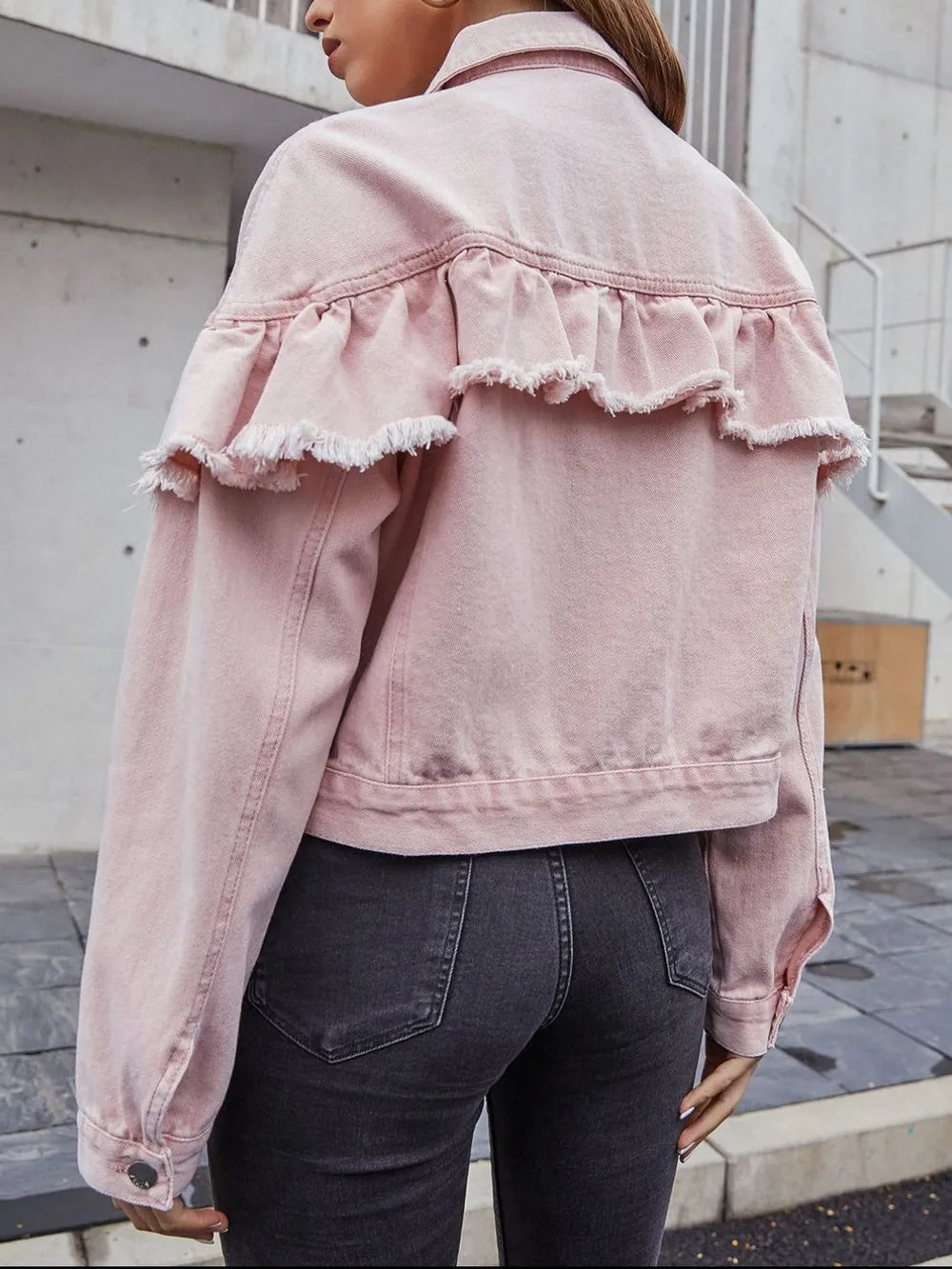 Ruffled Collared Neck Long Sleeve Denim Top - Lilixa.store