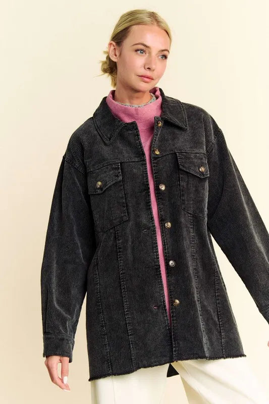 Davi & Dani Washed Corduroy Raw Hem Button Up Jacket in Black, view 6