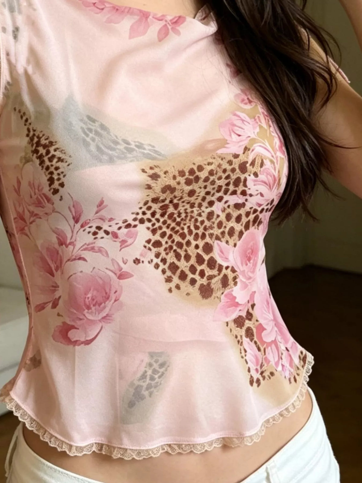 Floral Leopard Print Tie-Strap Mesh Cami in Blush Pink, view 2