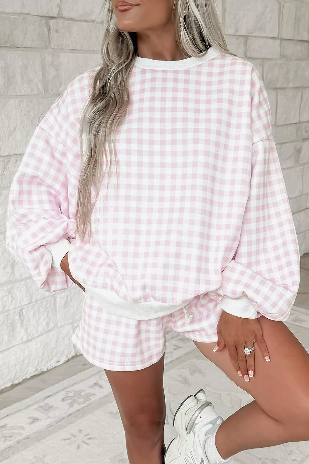 Gingham Long Sleeve Sweatshirt and Shorts Set - Lilixa.store