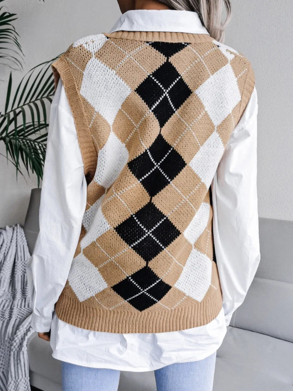Plaid V-Neck Sweater Vest - Lilixa.store