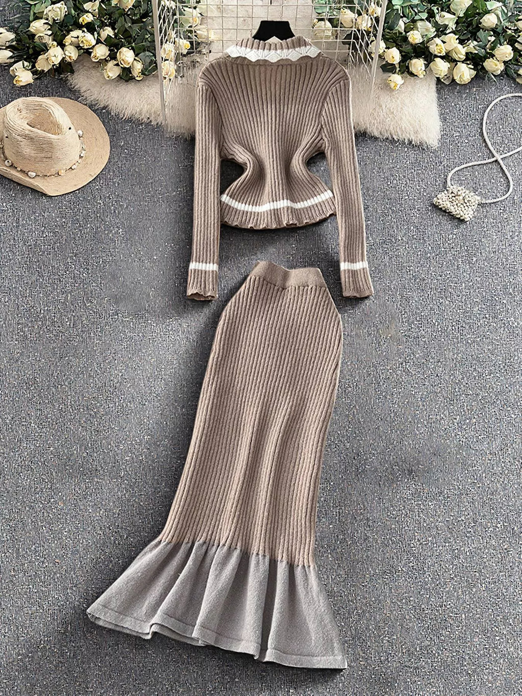 Ribbed Knit Cardigan and Skirt Sweater Set - Lilixa.store