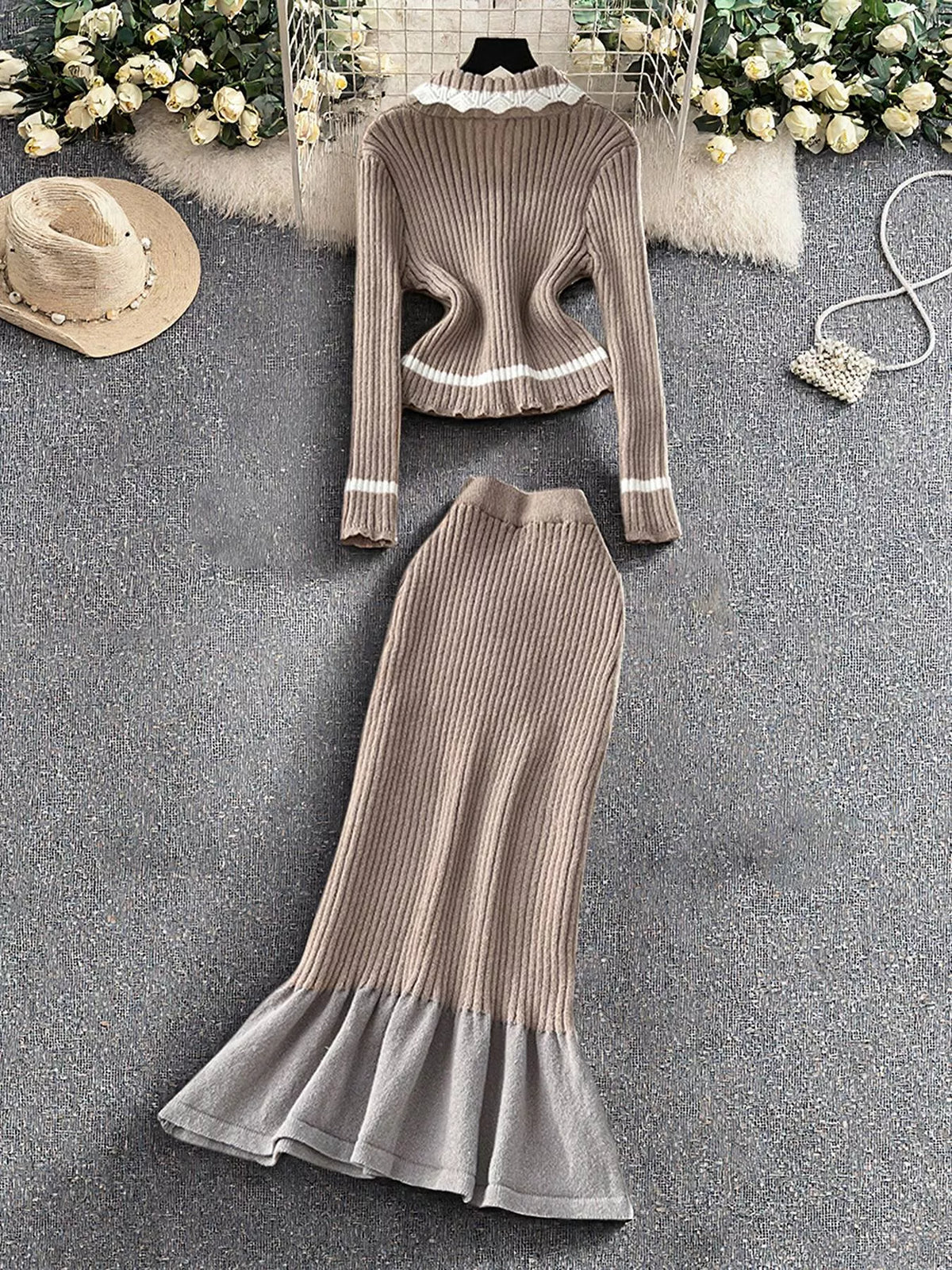 Ribbed Knit Cardigan and Skirt Sweater Set - Lilixa.store