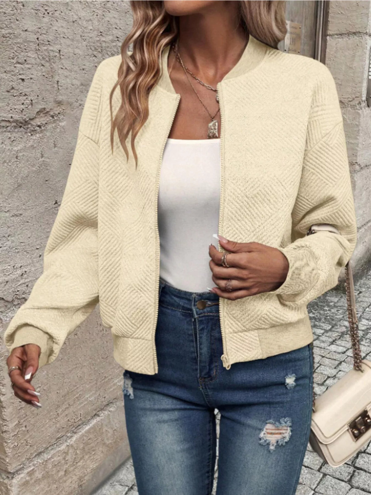 Textured Knit Zip-Up Bomber Jacket, view 2