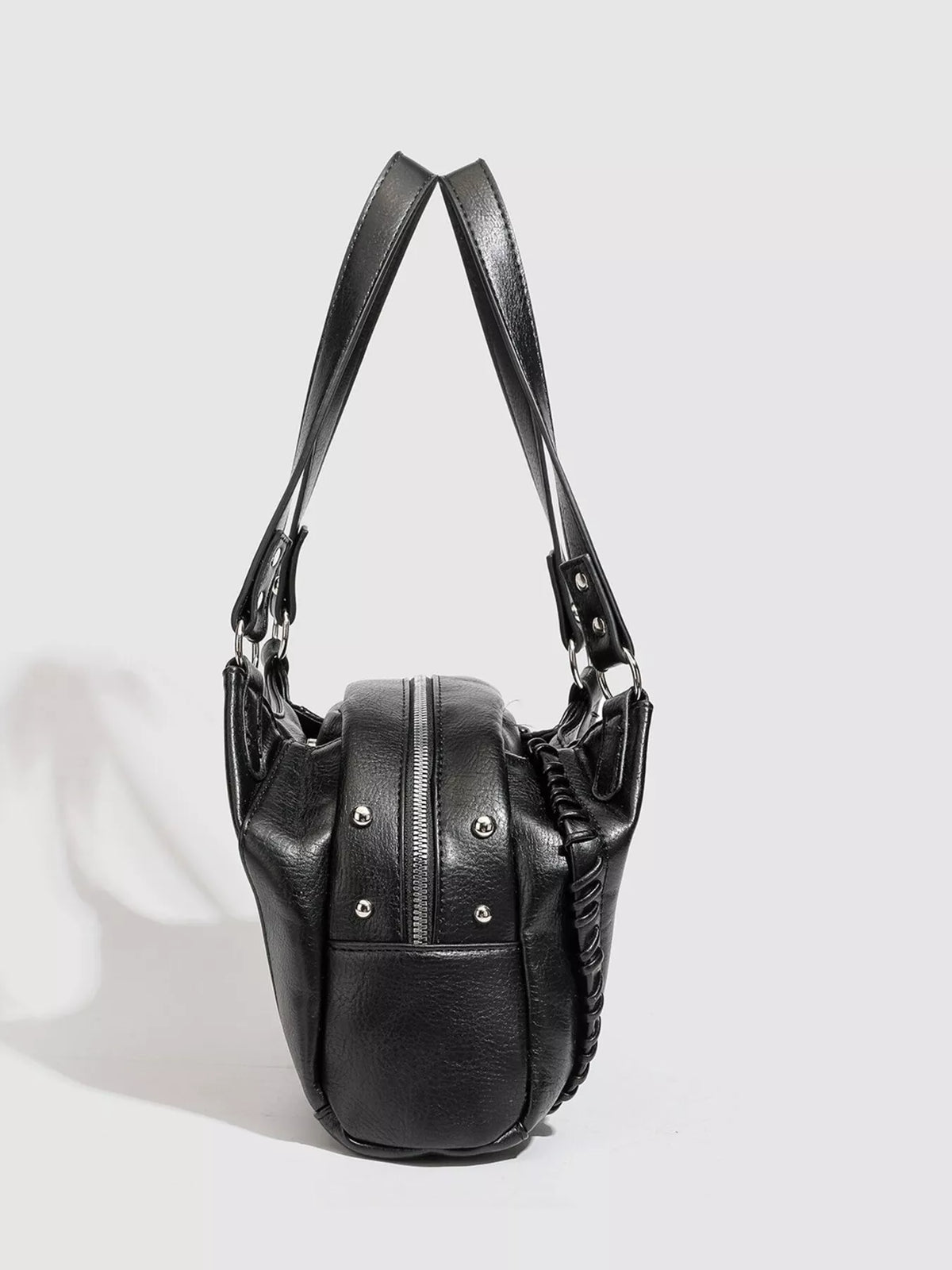 PU Leather Shoulder Bag with Woven Detail and Stud Accents in Black, view 5