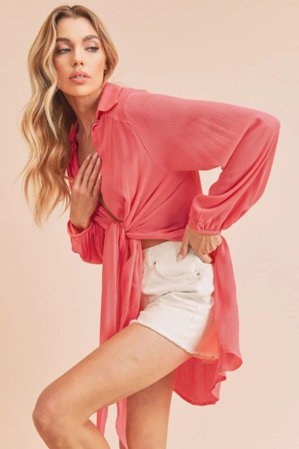 Aemi + Co Tied Collared Neck Long Sleeve Top - Lilixa.store
