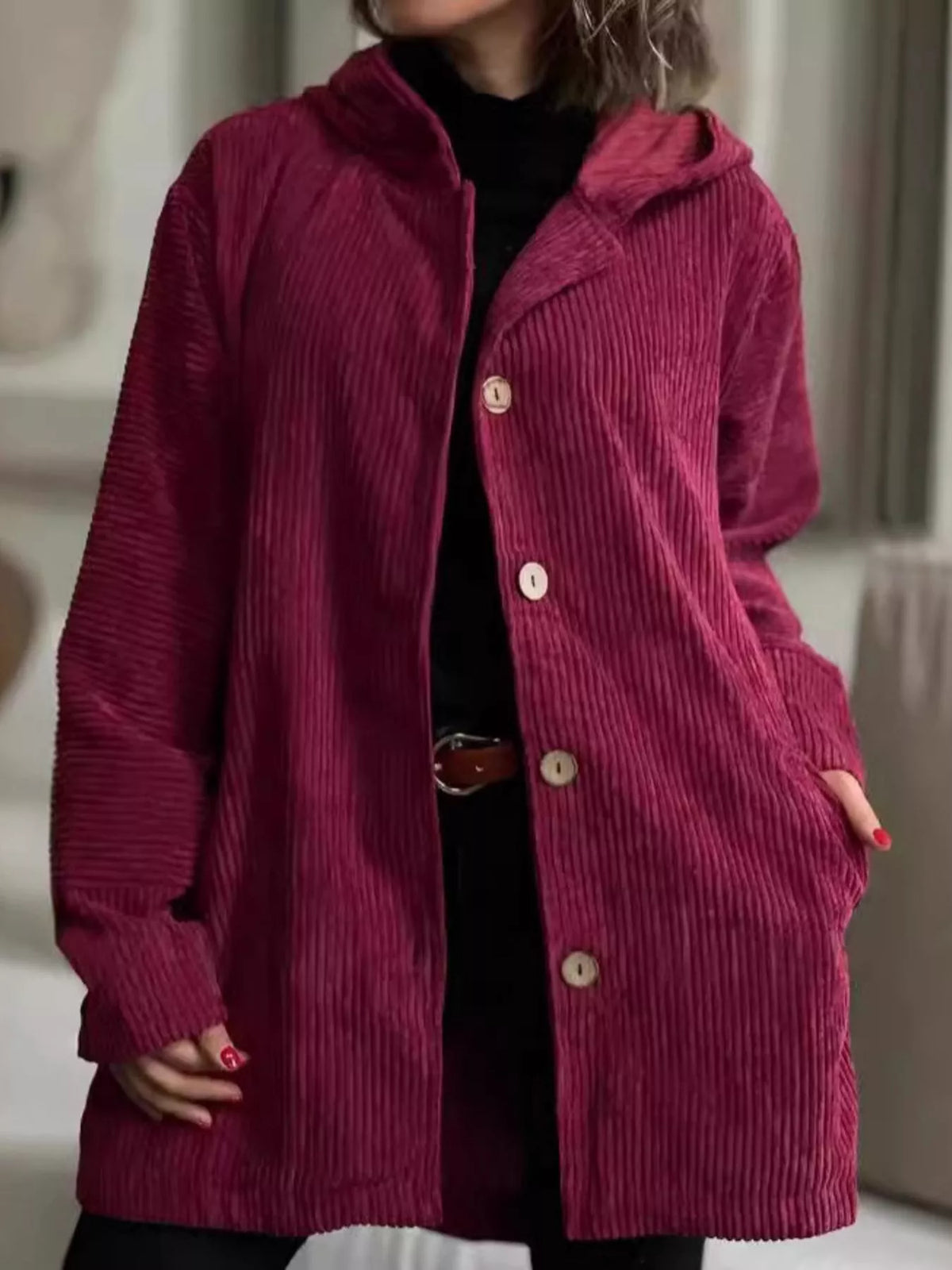 Full Size Corduroy Button Up Hooded Jacket Plus Size in Burgundy