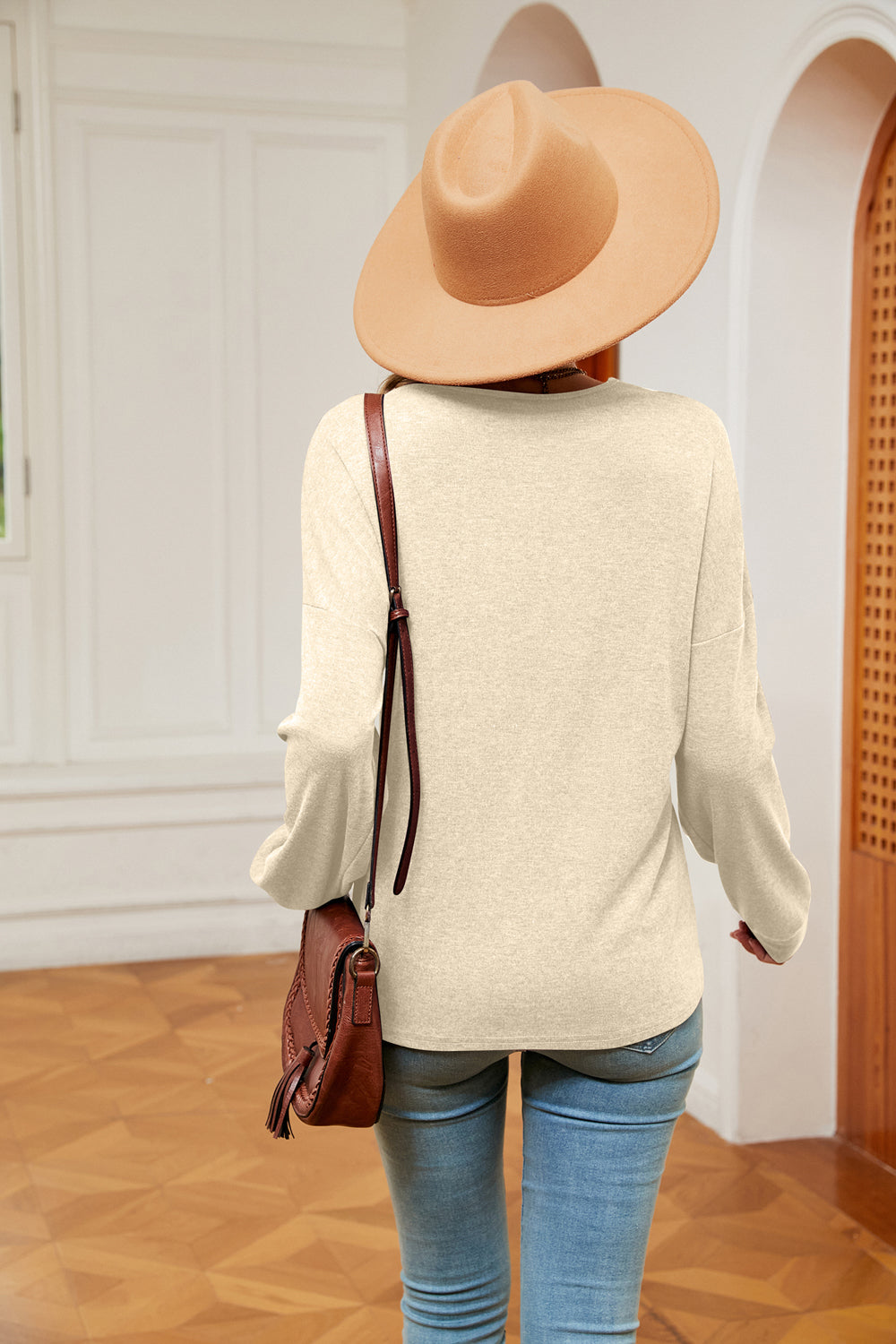Contrast V-Neck Long Sleeve Blouse, view 8