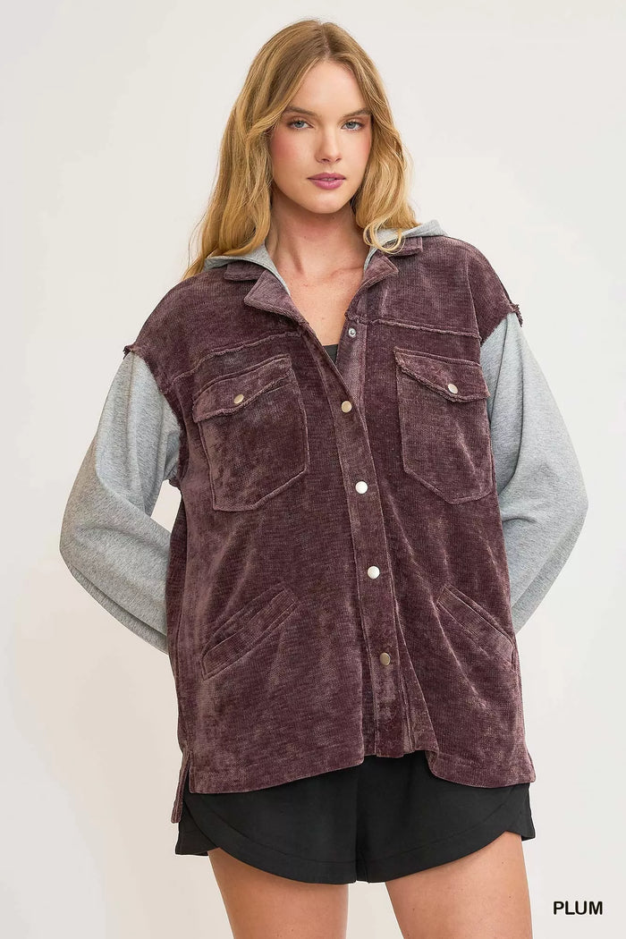 Umgee Contrast Hooded Chenille Jacket in Plum