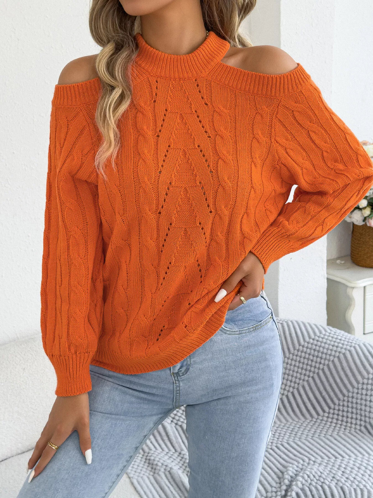 Cold Shoulder Cable Knit Sweater
