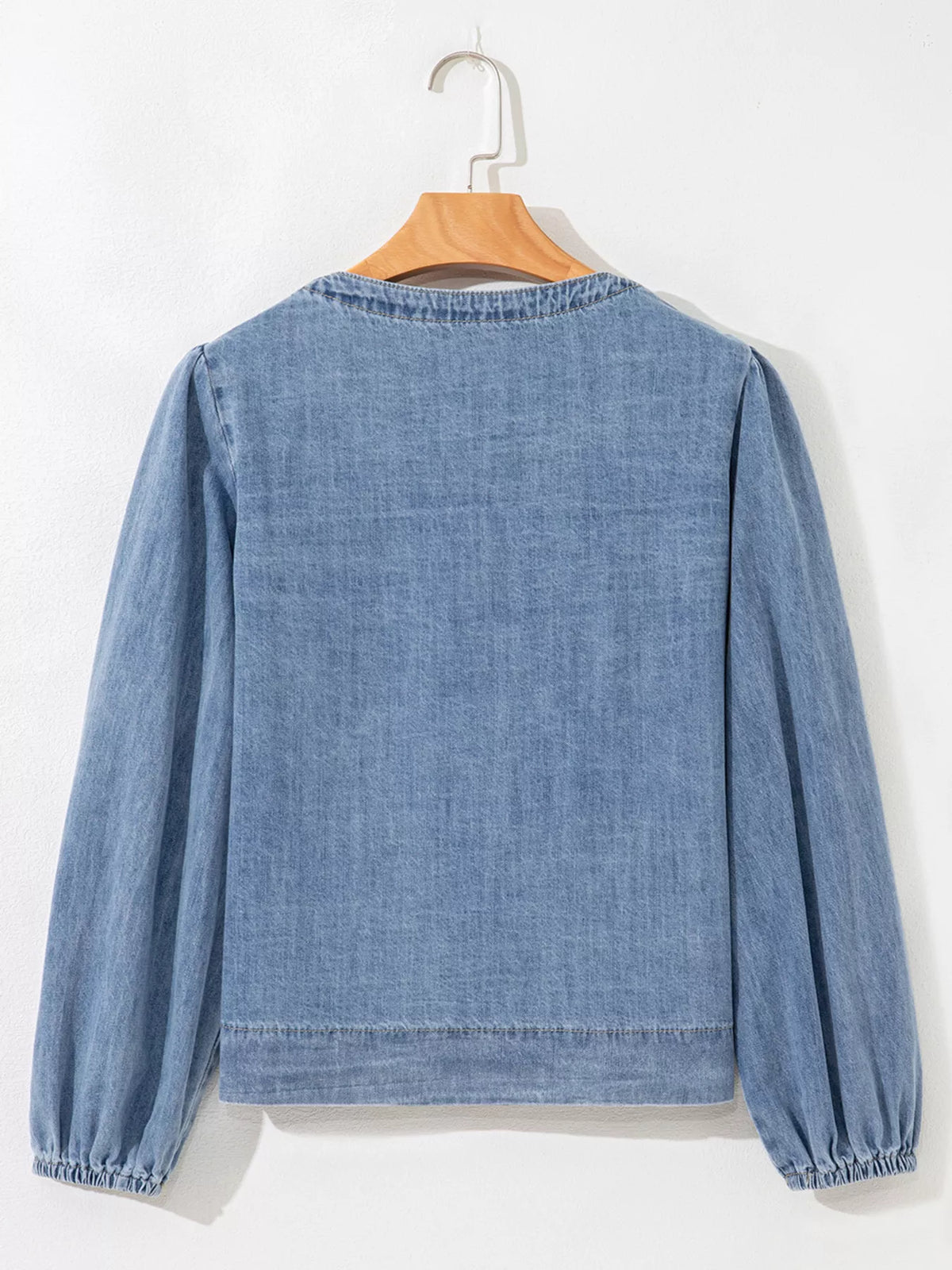 Tied Front Puff Sleeve Denim Top in Dusty Blue, view 7