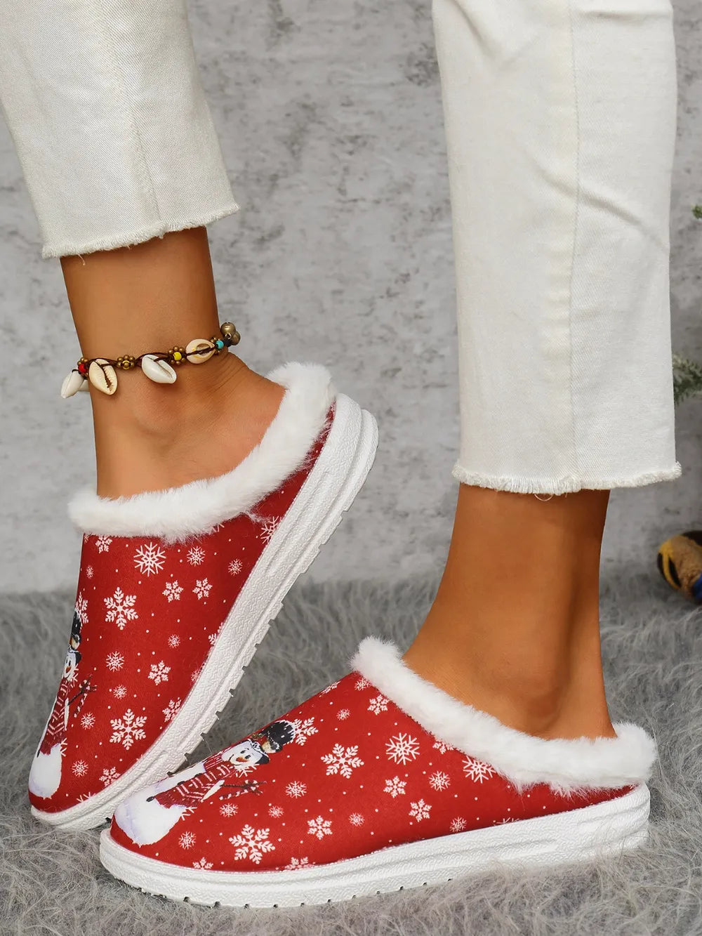 Snowman Print Flat Slippers with Faux Fur - Lilixa.store