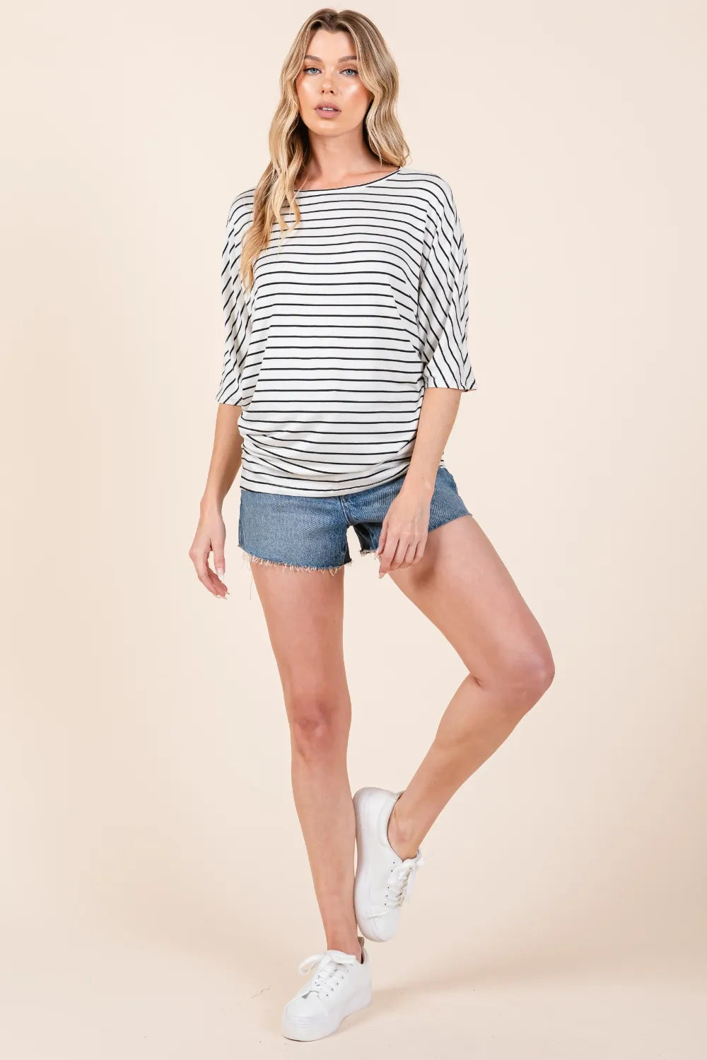 BOMBOM Striped Boat Neck Dolman Sleeve Top - Lilixa.store