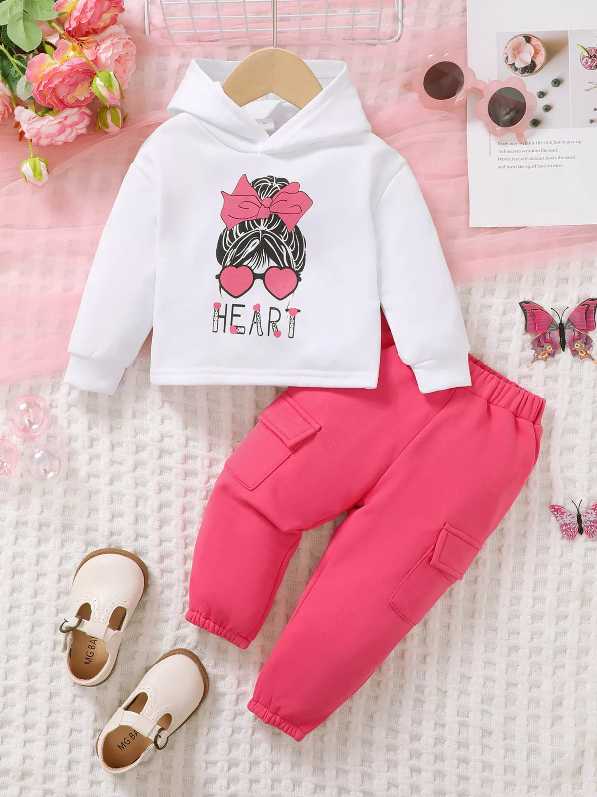 Children's Heart Graphic Hoodie and Cargo Pants Set in Rose Red