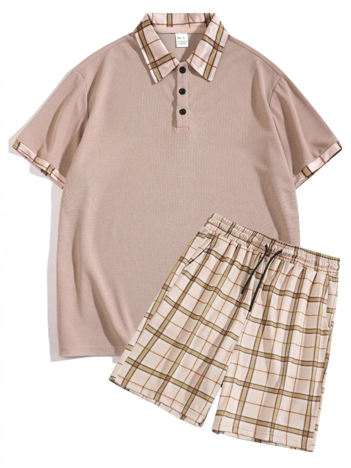 Men's Full Size Classic Plaid Collar Polo and Shorts Set Plus Size in Khaki