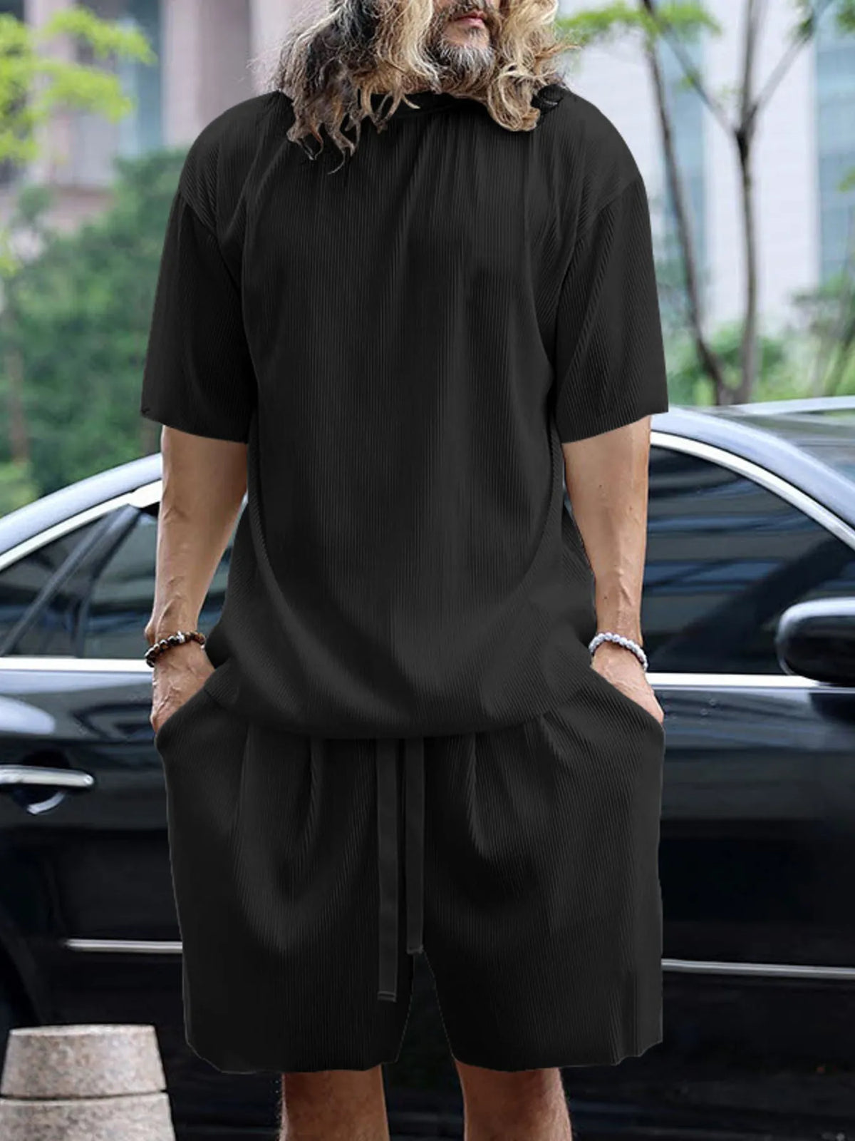 Men's Full Size Round Neck Short Sleeve Top and Shorts Set Plus Size in Black