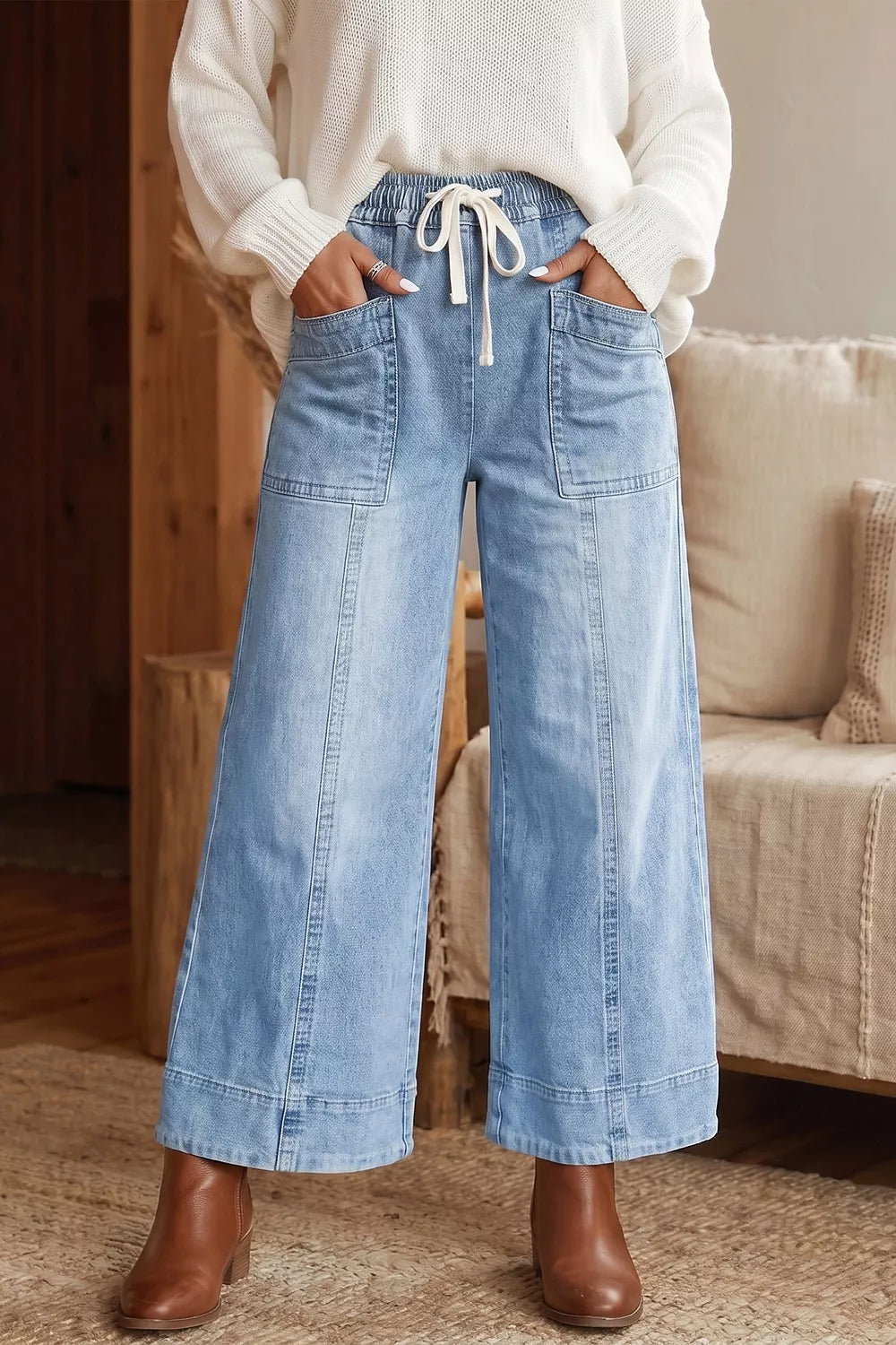 Drawstring Waist Wide Leg Ankle Length Jeans - Lilixa.store