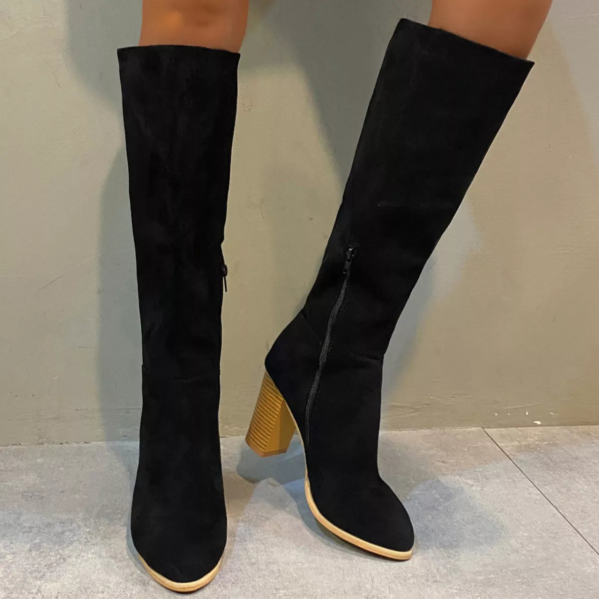 Point Toe Knee-High Suede Block Heel Boots - Lilixa.store