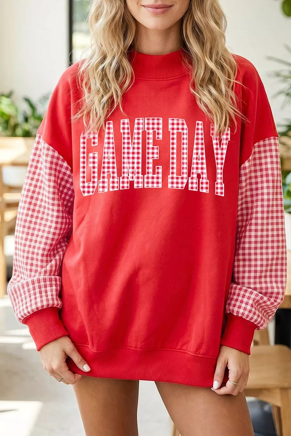 Game Day Plaid Sleeve Mock Neck Sweatshirt - Lilixa.store