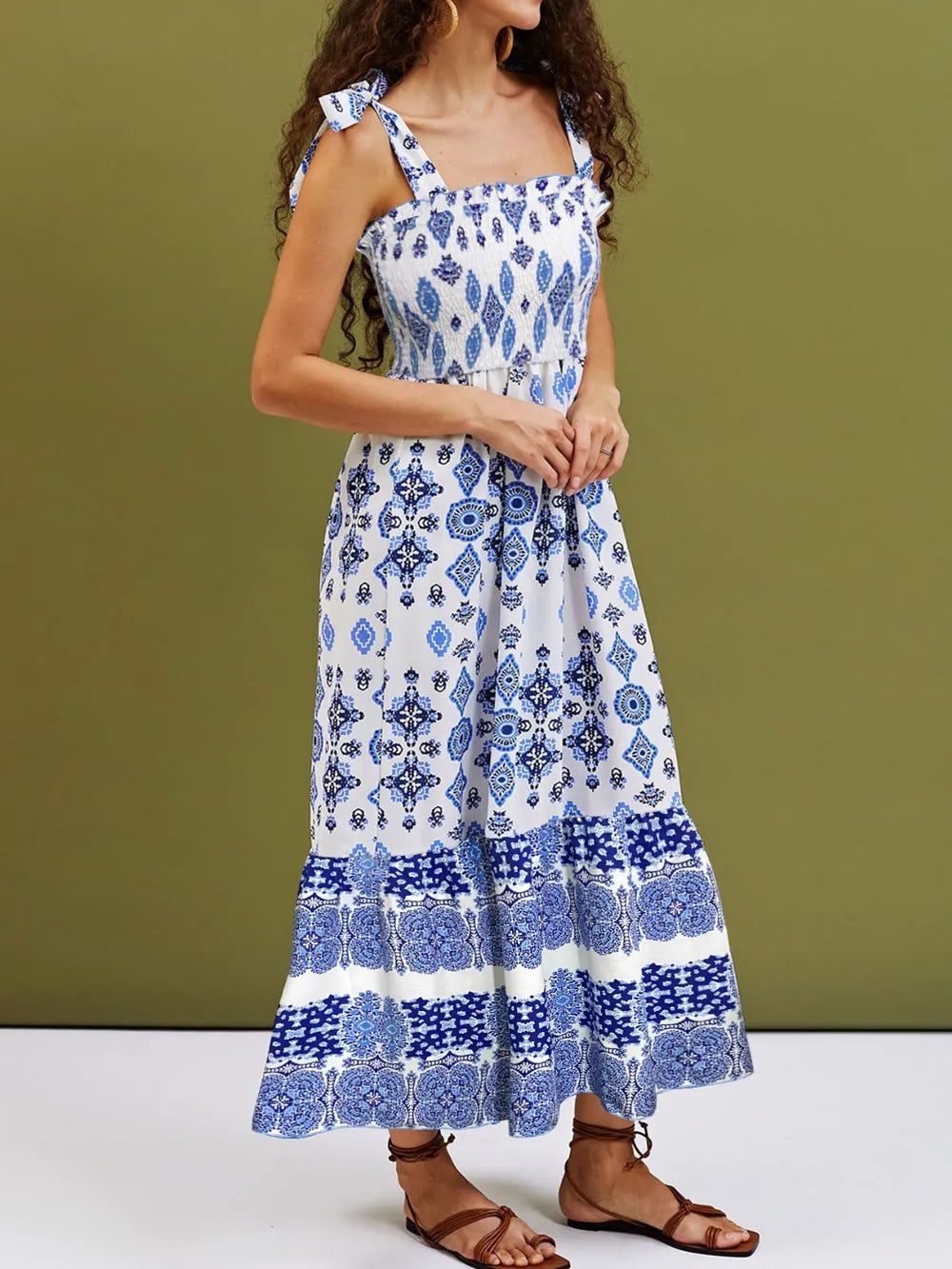 Smocked Printed Square Neck Cami Dress - Lilixa.store