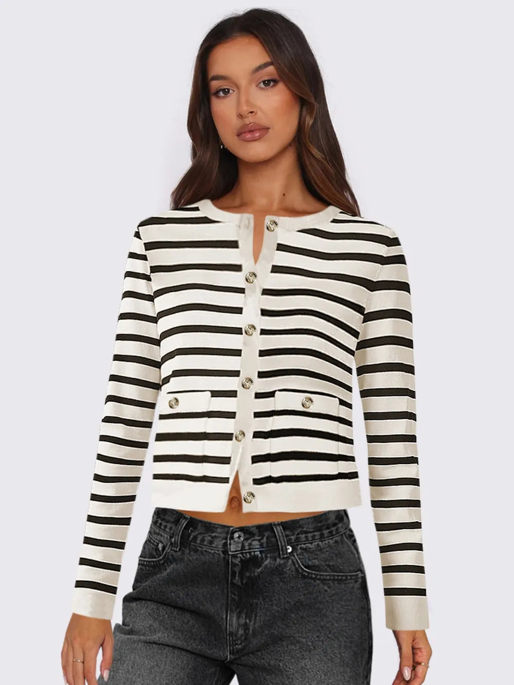 Striped Round Neck Button Up Long Sleeve Cardigan - Lilixa.store