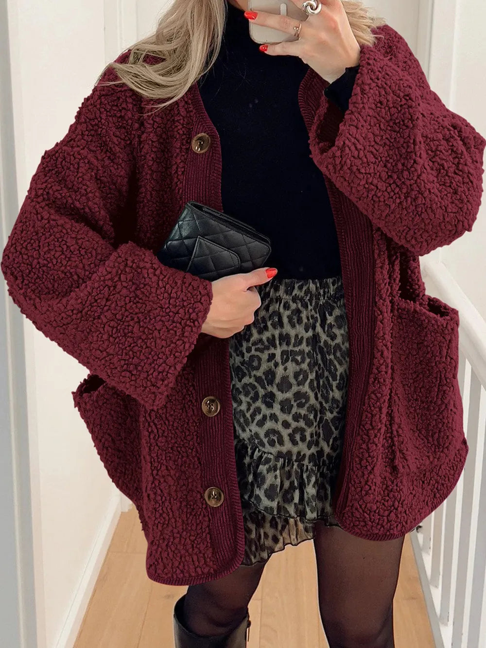 Contrast Button Up Sherpa Jacket with Pockets in Burgundy