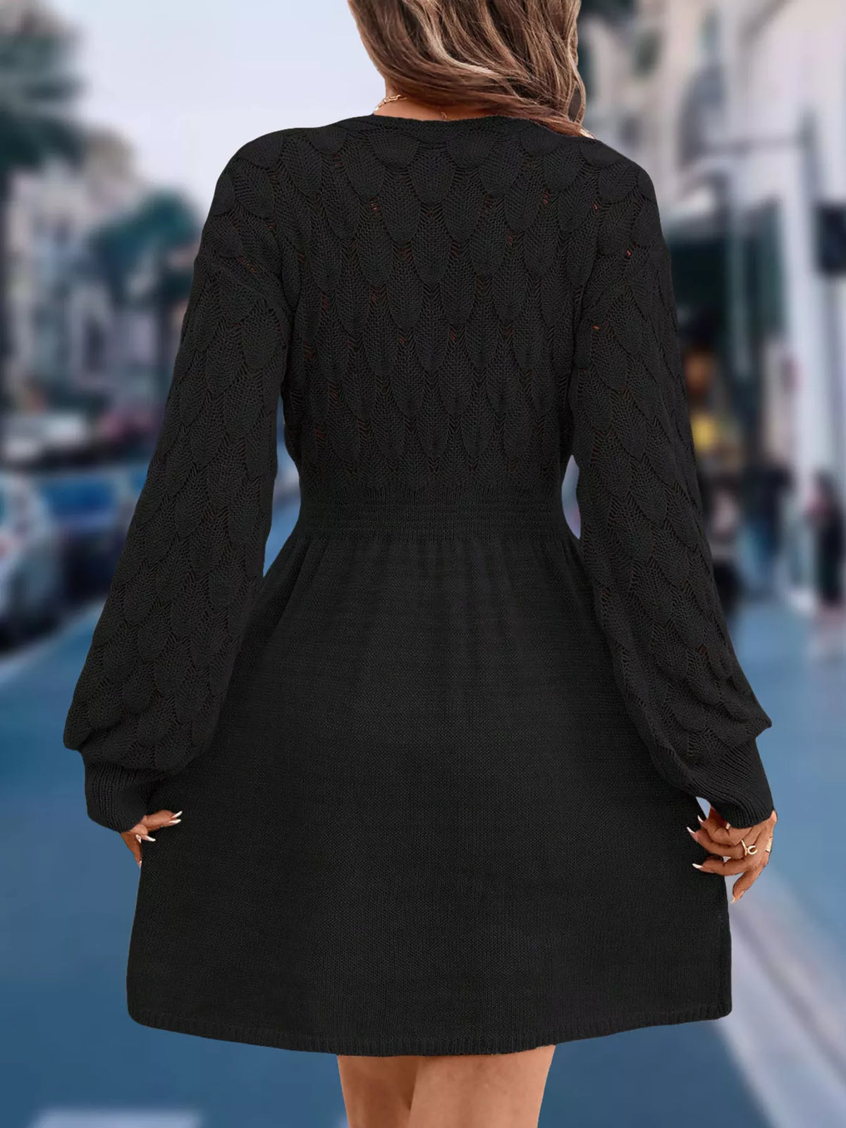 V-Neck Long Sleeve Sweater Dress, view 9