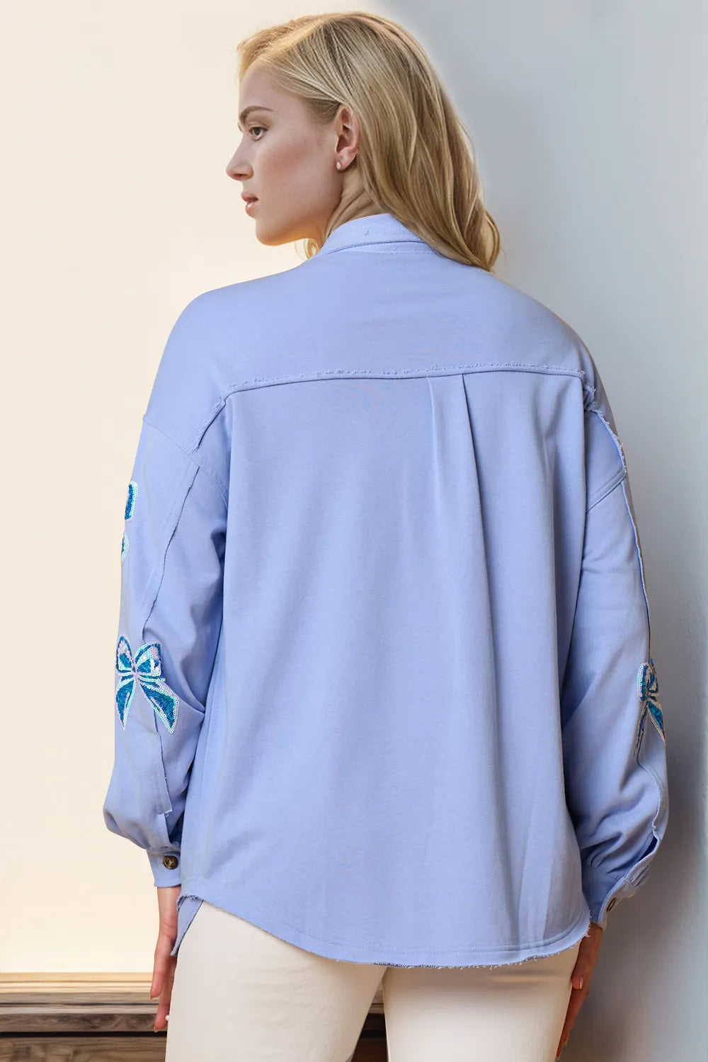 Double Take Full Size Sequin Bow Button Up Shacket - Lilixa.store