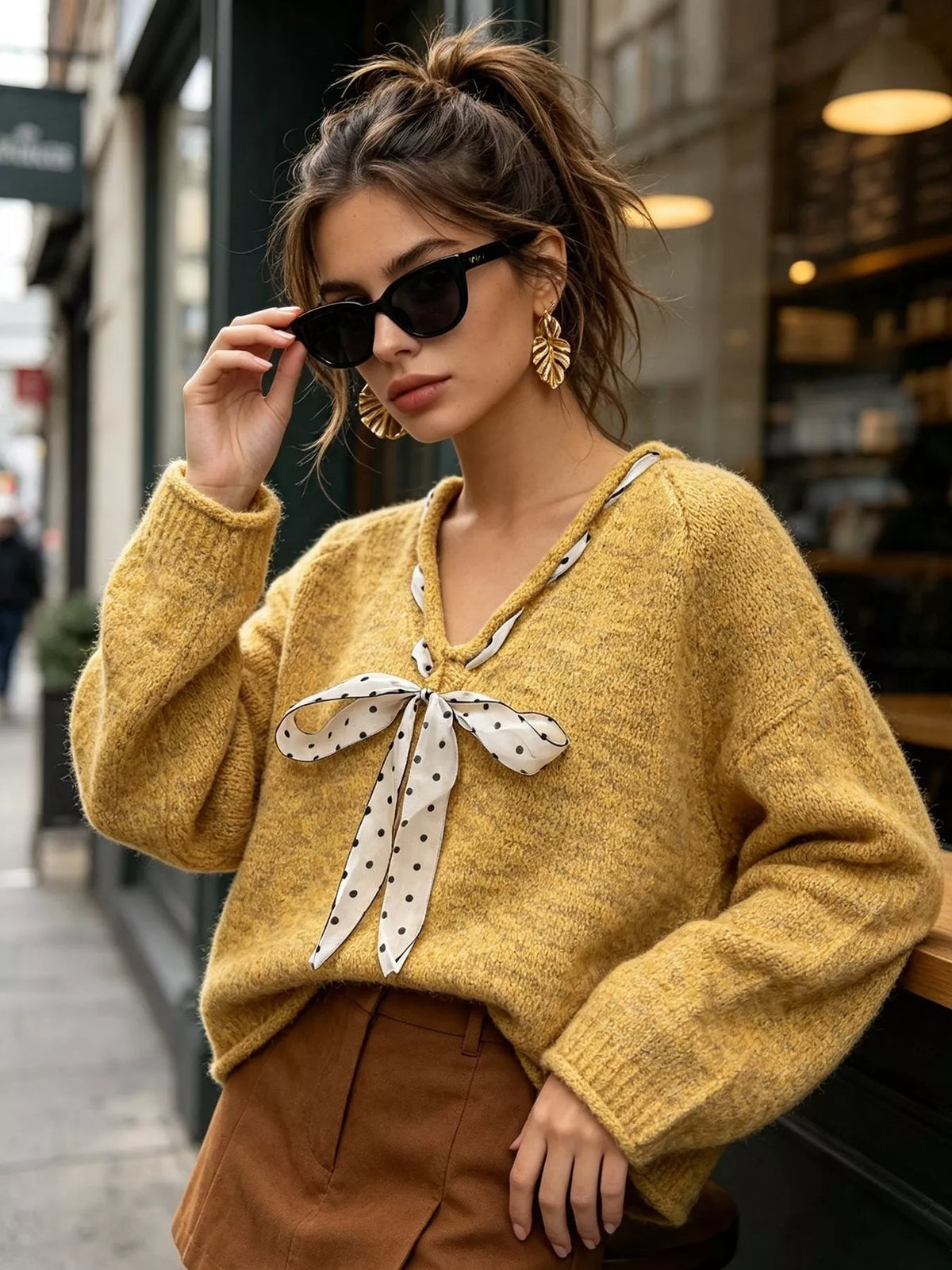 Chic V-Neck Sweater with Polka Dot Ribbon Tie, view 18