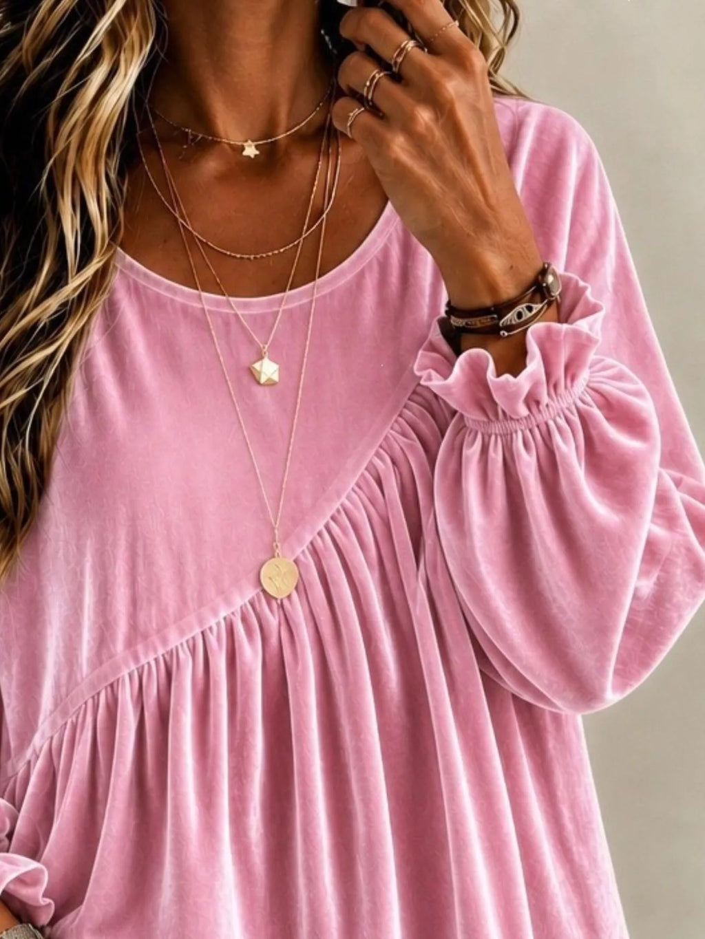 Full Size Velvet Round Neck Long Sleeve Blouse Plus Size - Lilixa.store