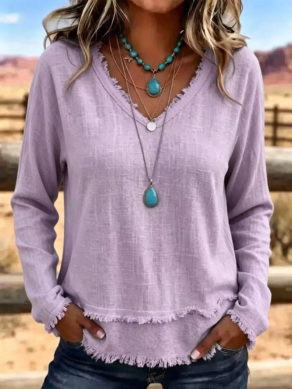 V-Neck Long Sleeve Blouse with Frayed Hem Detail - Lilixa.store