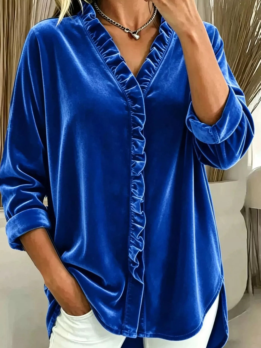 Velvet Frill V-Neck Blouse - Lilixa.store