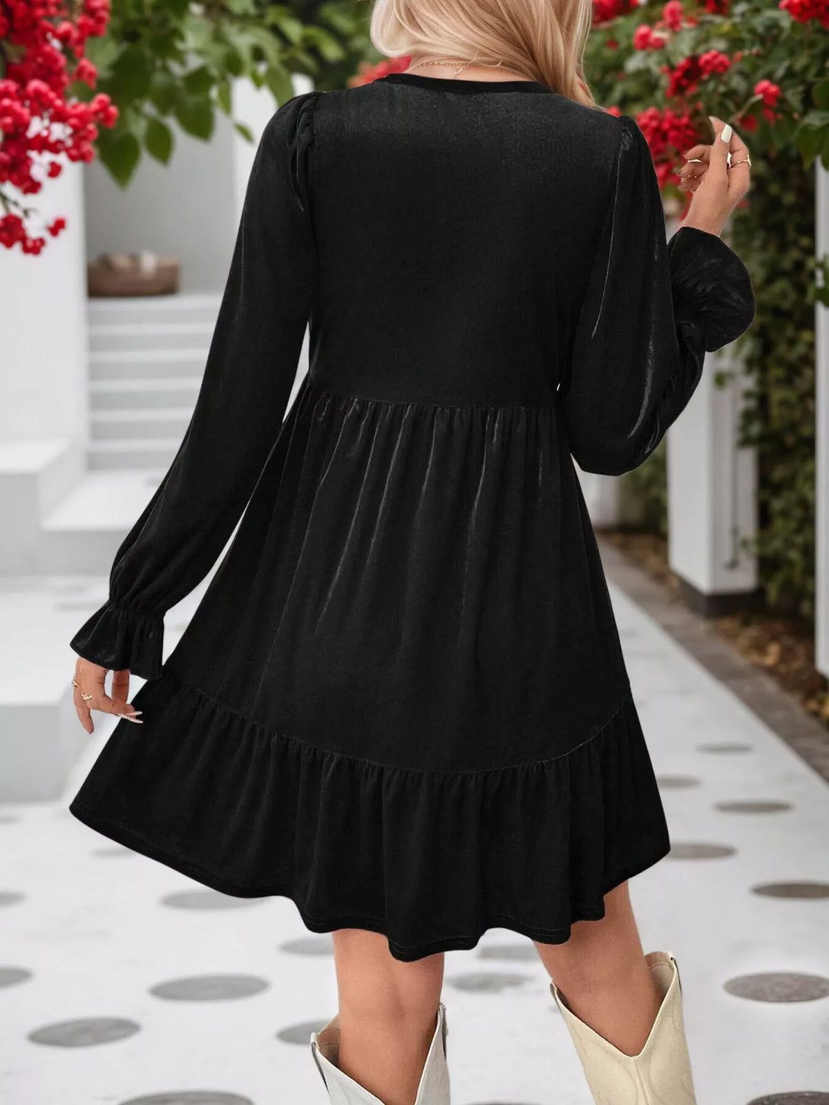 Velvet V-Neck Long Sleeve Ruffle Hem Mini Dress - Lilixa.store