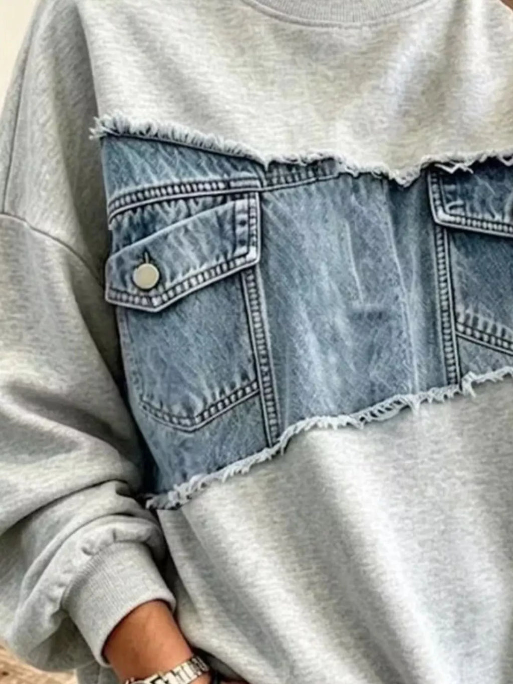 Full Size Denim Patchwork Dropped Shoulder Sweatshirt Plus Size - Lilixa.store