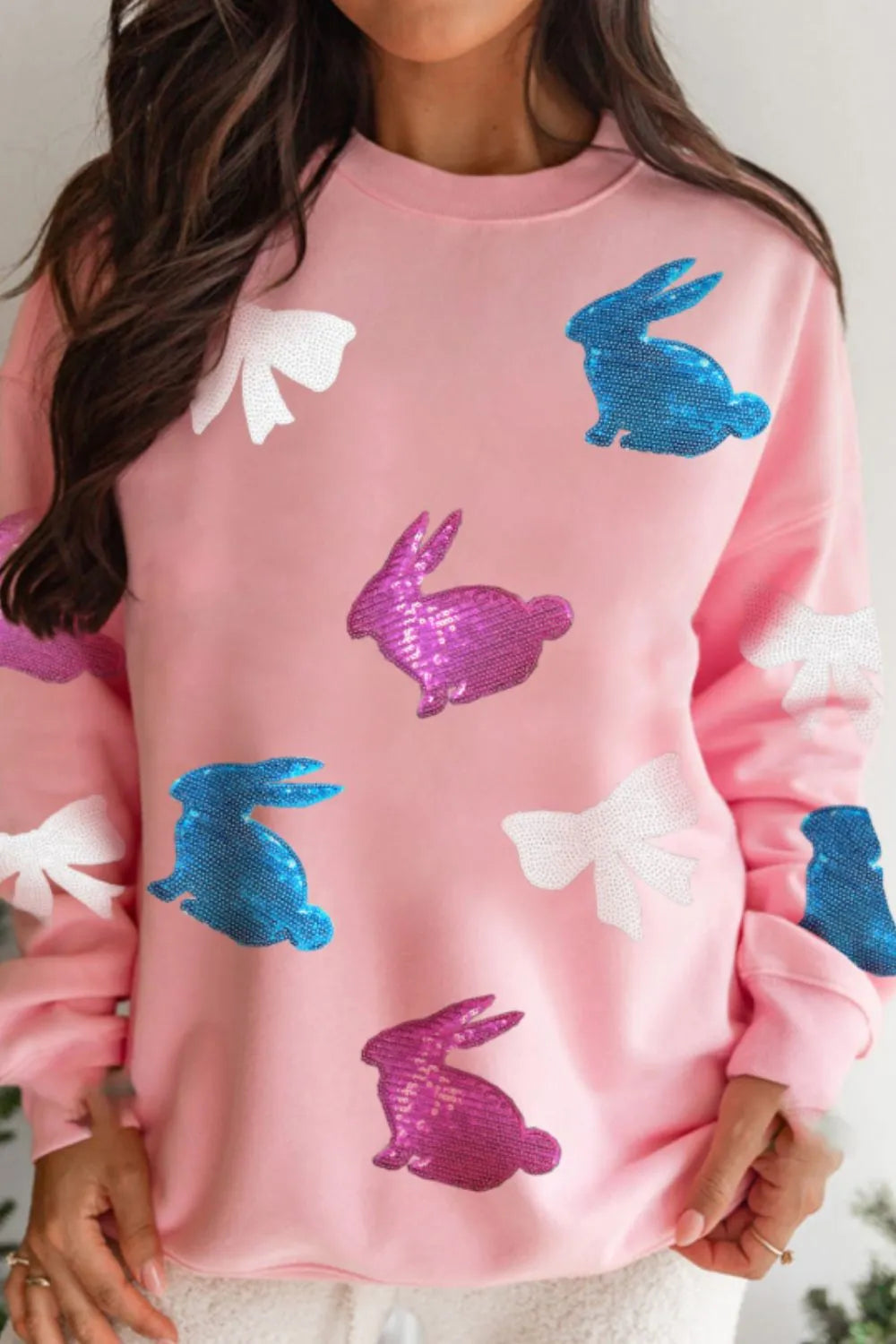 Easter Bunny Bow Knot Sequined Sweatshirt - Lilixa.store