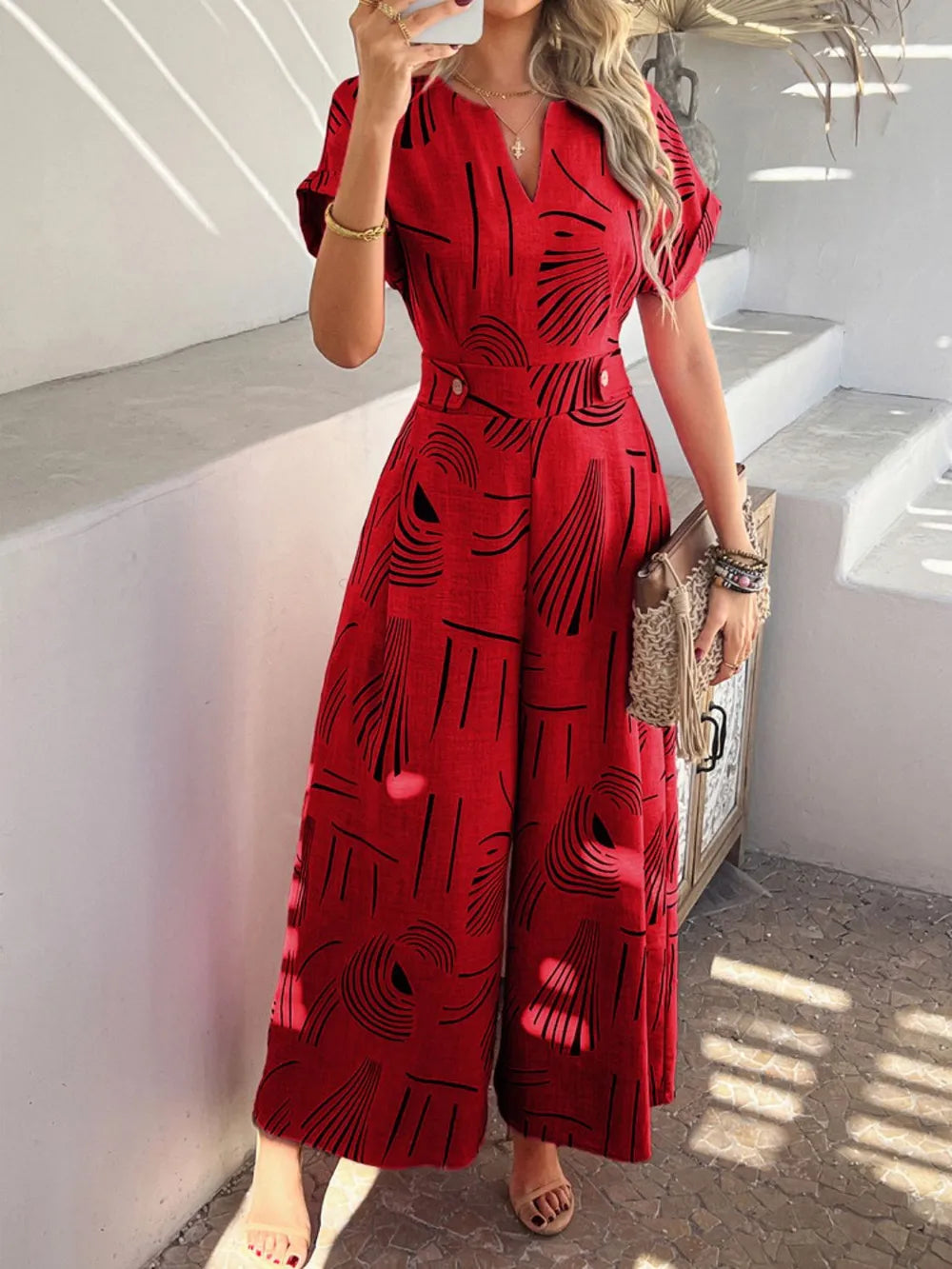 Devine Printed Notched Short Sleeve Wide Leg Jumpsuit - Lilixa.store