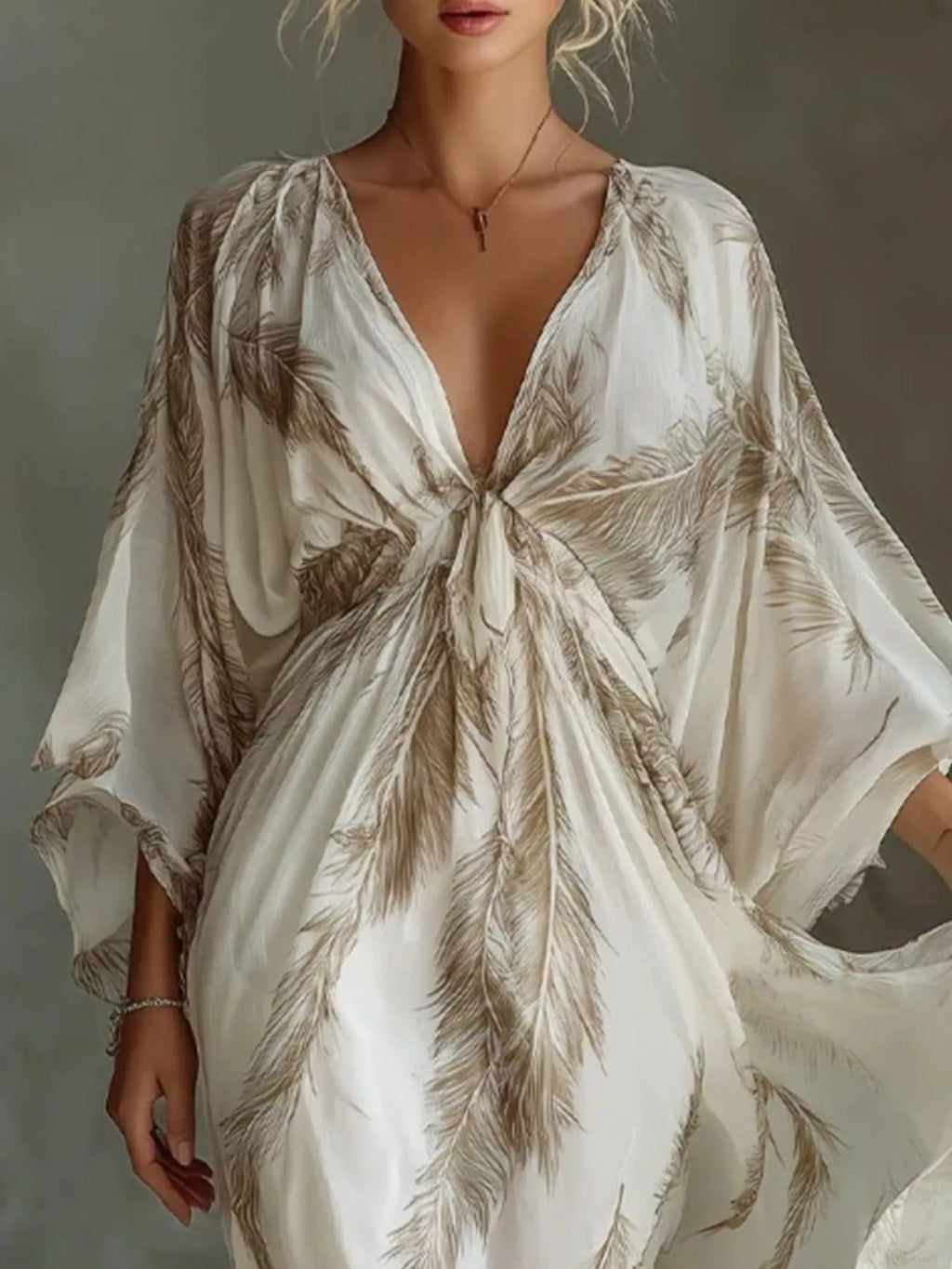 Full Size Feather Print V-Neck Flowy Maxi Dress Plus Size - Lilixa.store