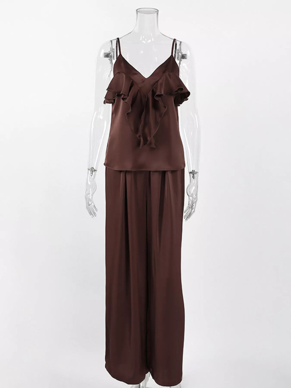 Ruffle V-Neck Cami and Wide-Leg Pants Two-Piece Set in Brown, view 7