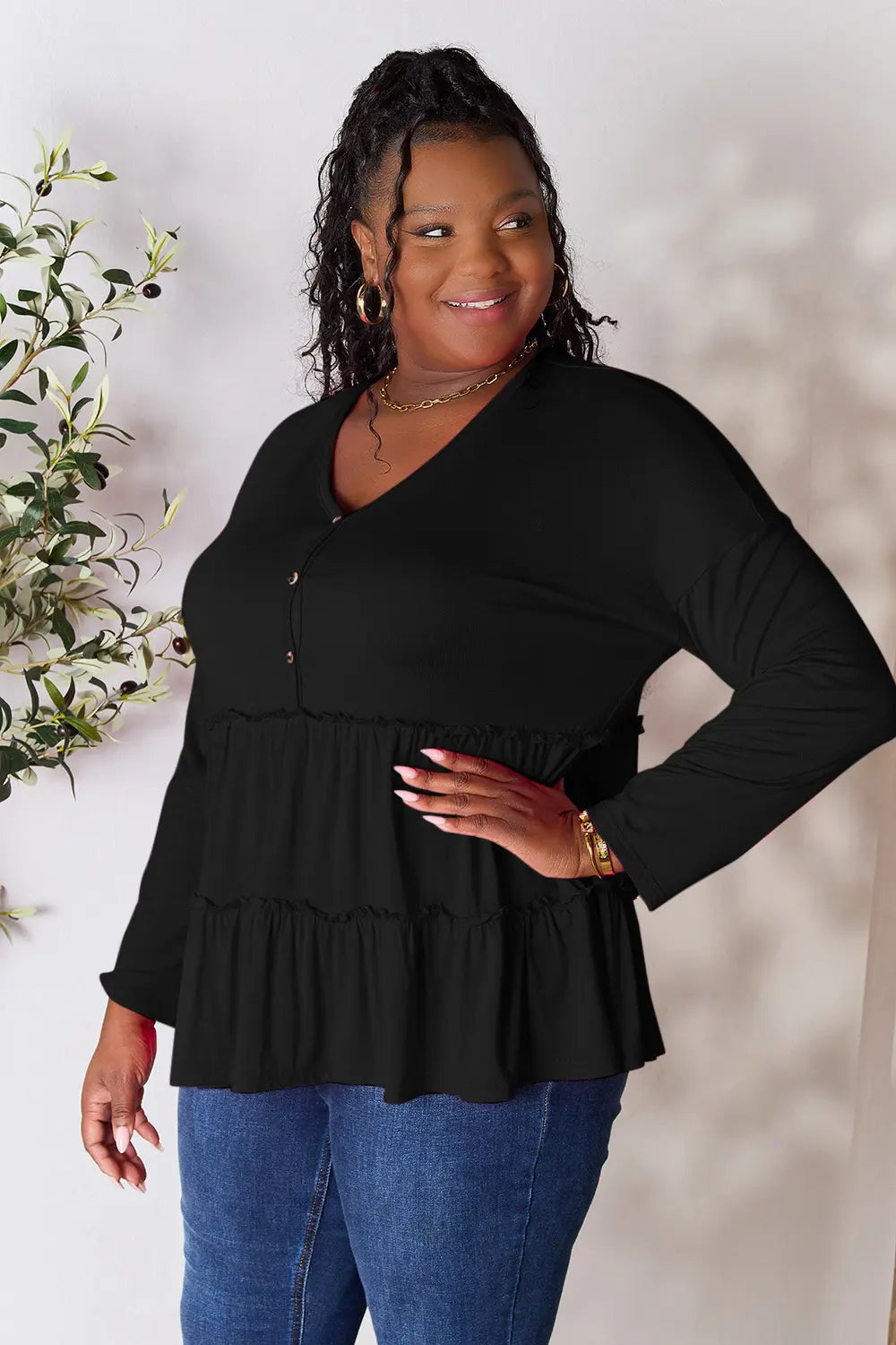 Double Take Half Button Long Sleeve Ruffle Hem Blouse - Lilixa.store