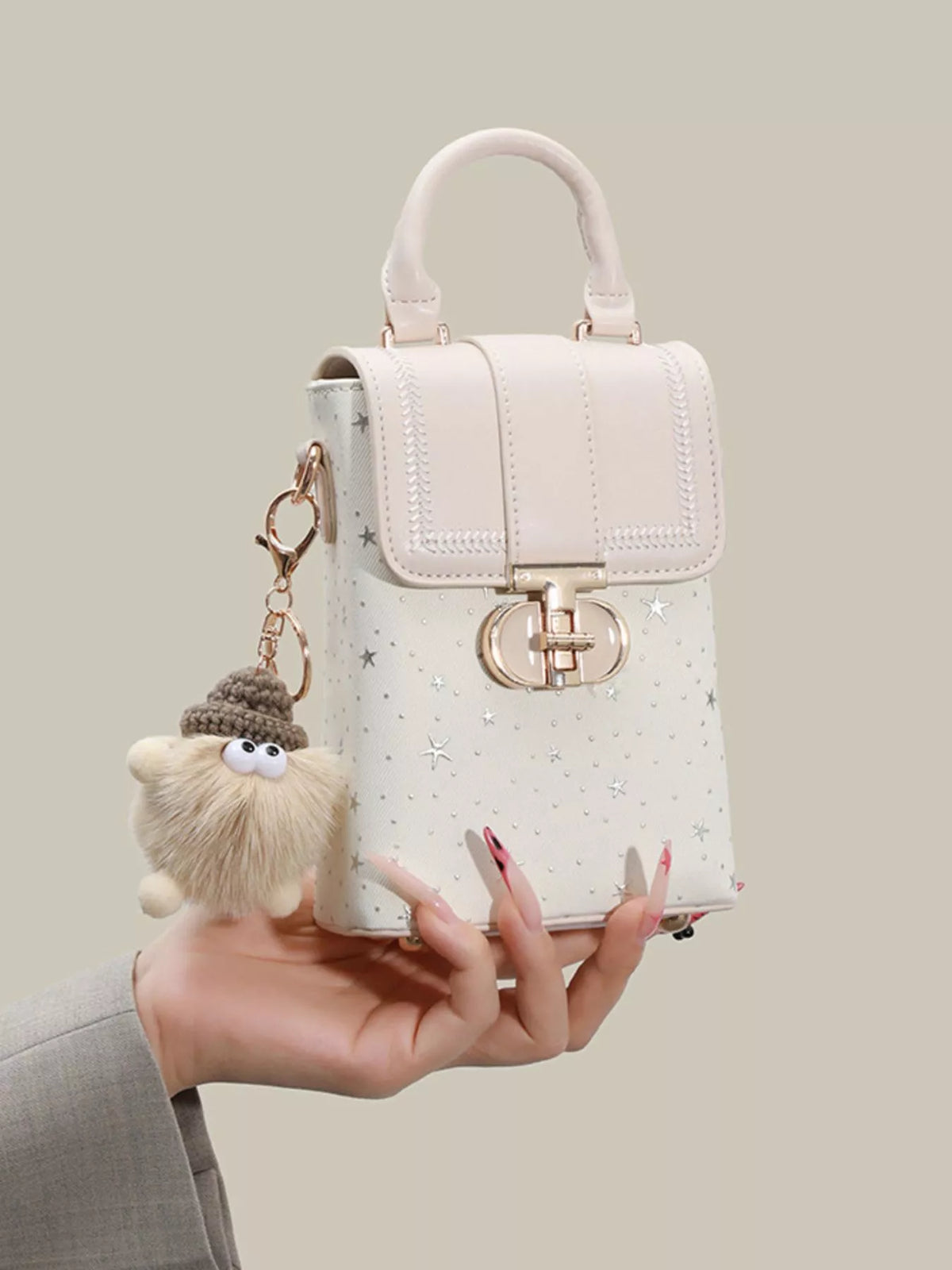 Star-Patterned Mini Crossbody Bag with Plush Charm in White, view 4