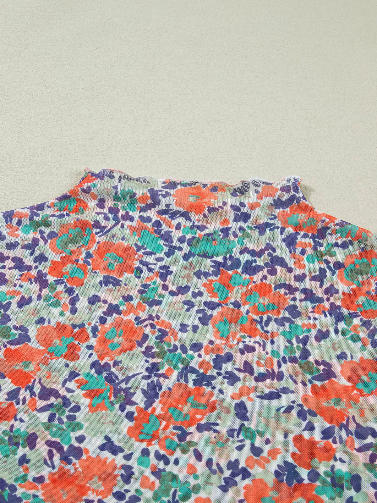 Floral Print Sheer Mesh Long Sleeve Mock Neck Top