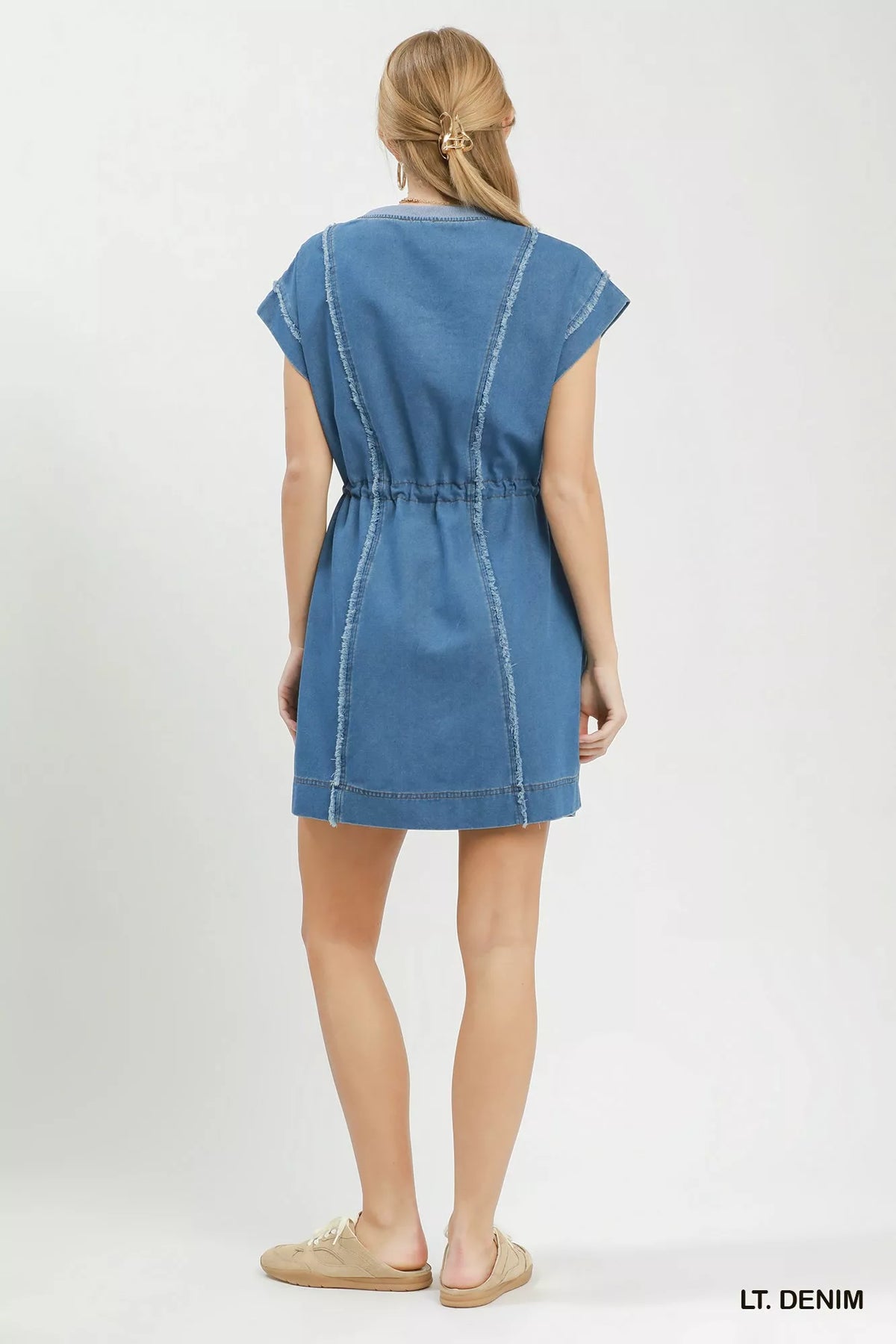 Umgee Drawstring Waist Frayed Denim Mini Dress, view 3
